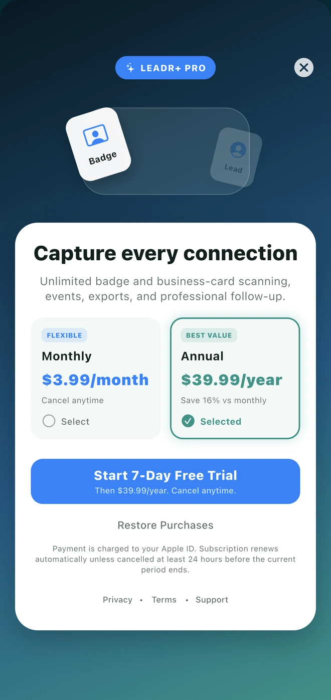 Leadr+ Pro monthly and annual plan screen